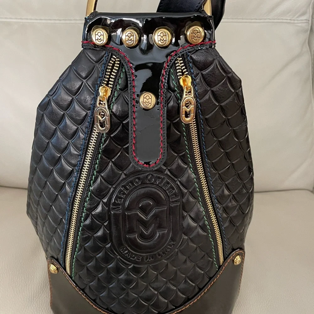 MARINO ORLANDI Italy XL BLACK ShoulderBag/Tote converts to Sling Emboss Leather - Picture 7 of 15